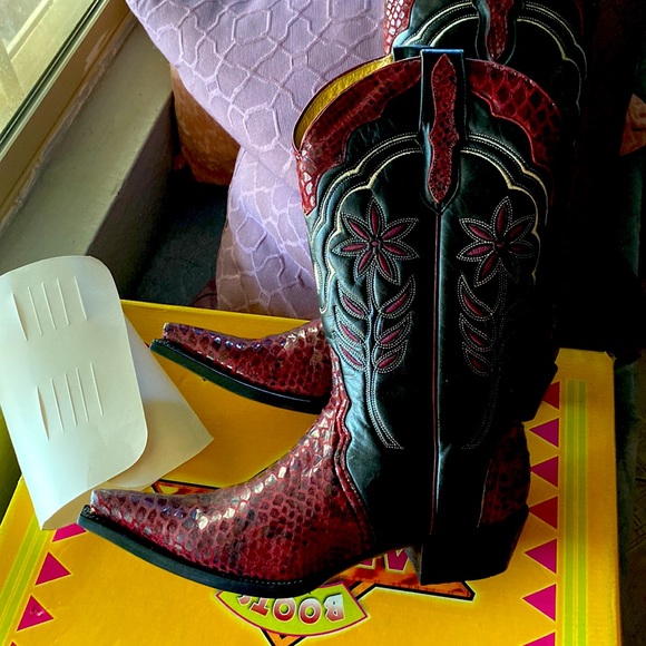 New python style leather cowboy western boot pointed toe Black Brgdy women 7.5 8 - Picture 7 of 9